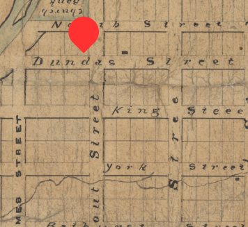 Map of London segment from downtown with a location marker on the corner of Dundas and Ridout.
